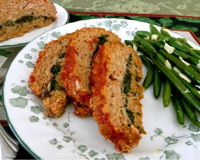 Turkey Meatloaf Stuffed with Mushroom, Spinach, and  Herbs