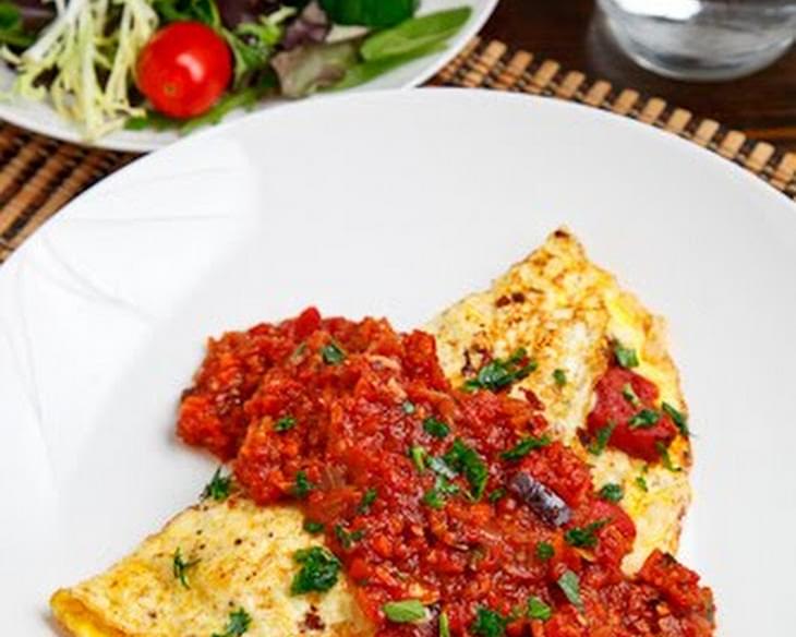 Italian Sausage and Roasted Red Pepper Omelette Topped with Marinara Sauce