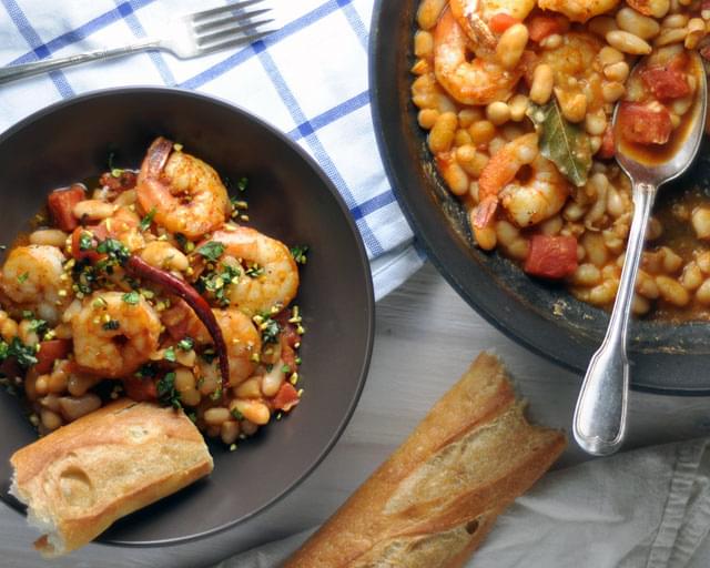 Chile-Spiked Shrimp and Beans with Basil and Pistachios