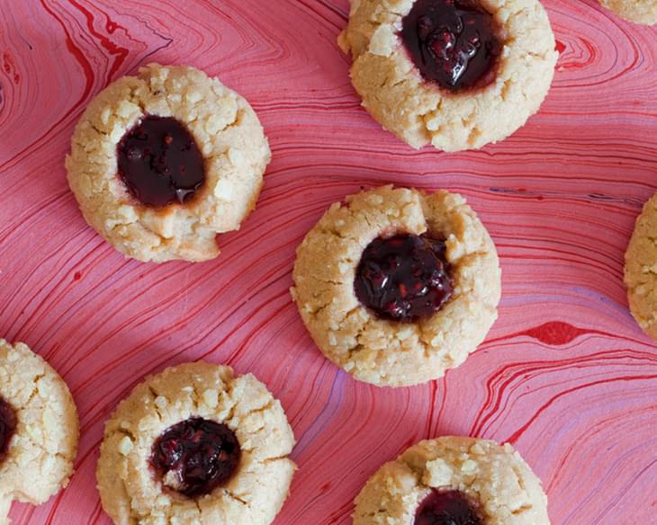 Peanut Butter and Jelly Thumbprint Cookies Rolled in Crushed Potato Chips