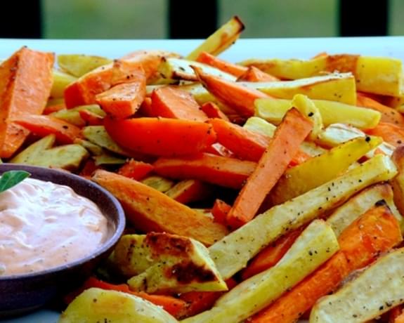 Medley of Roasted Sweet Potatoes & Yams with Smoky-Sweet Dipping Sauce