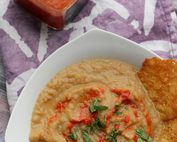 Roasted Eggplant Bisque with Harissa and Parmesan Crisps