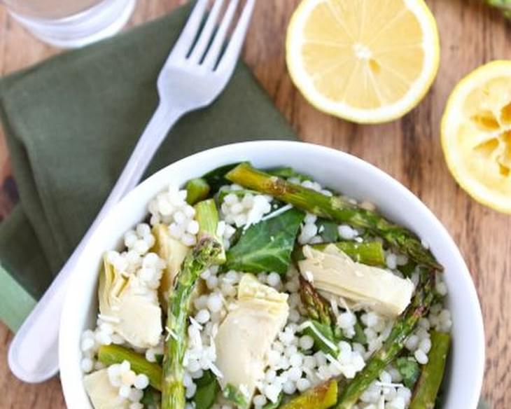 Israeli Couscous Salad with Roasted Asparagus, Artichokes, & Spinach