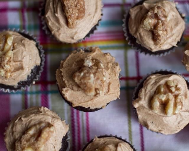 Mini Cinnamon Chocolate Cupcakes w/ Spiced Buttercream and Candied Maple Walnuts