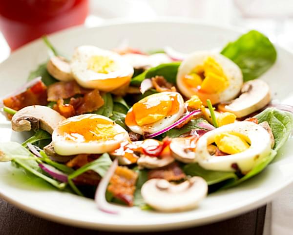 Warm Spinach Salad with Bacon, Mushrooms & Hard-Boiled Eggs
