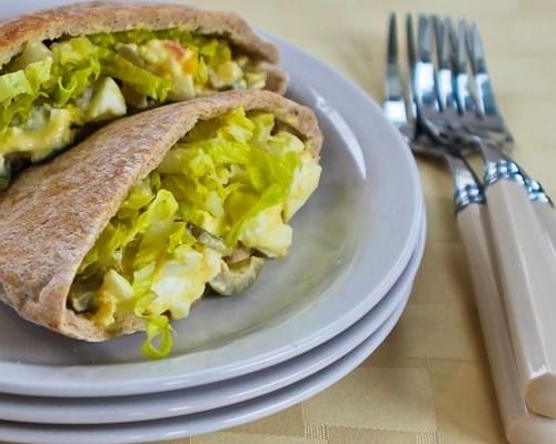 Egg Salad in Pita with Green Olives, Green Onions, and Dijon