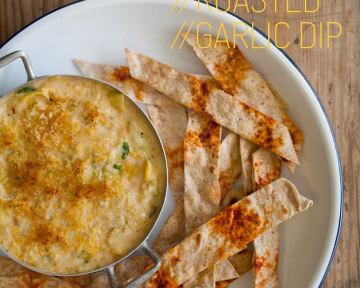Artichoke and Roasted Garlic Dip with Baked Flatbread Sticks
