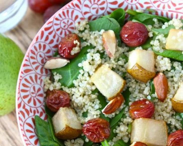 Spinach Quinoa Salad with Roasted Grapes, Pears, & Almonds