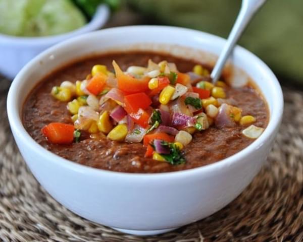 Fire-Roasted Tomato and Black Bean Soup with Fresh Salsa