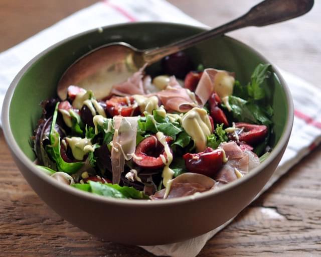 Cherry and Prosciutto Salad with Creamy Mustard Dressing