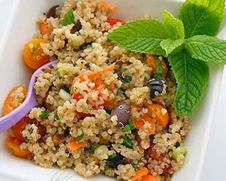 Quinoa Salad Recipe with Yellow Grape Tomatoes, Kalamata Olives, Basil and Mint