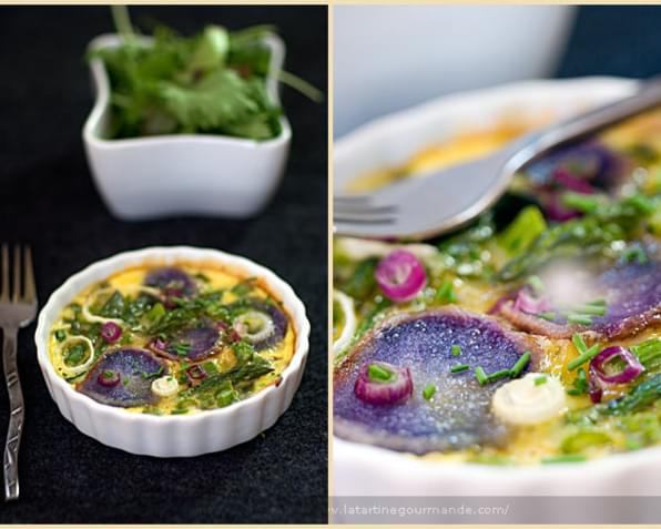 Egg Flan with Purple Potato and Green Vegetables