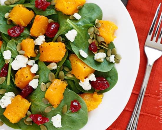 Baby Spinach Salad with Honey Roasted Butternut Squash, Pumpkin Seeds, Gorgonzola and Dried Cherries