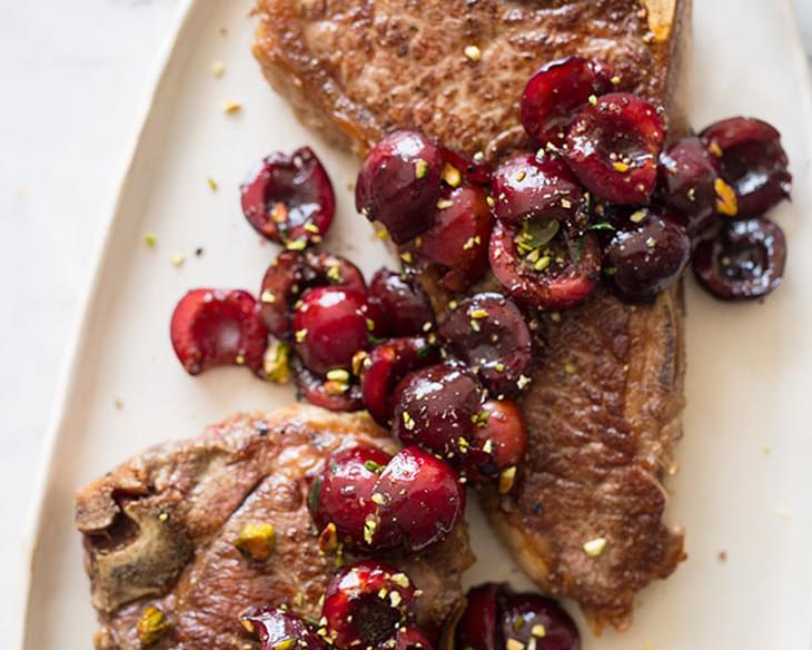 Grilled New York Strip Steaks with Cherry-Port Compote