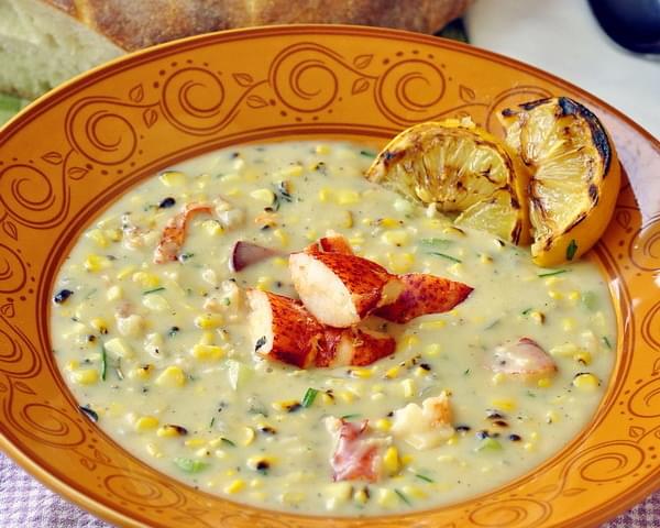 Lobster and Grilled Corn Chowder with Grilled Lemon
