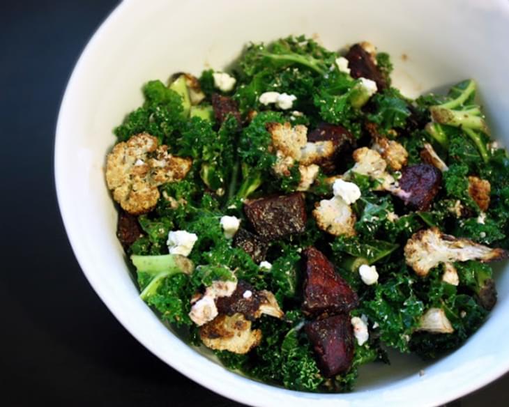 Warm Kale Salad with Roasted Beets, Cauliflower, and Goat Cheese