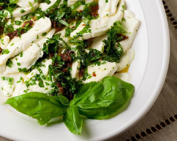 Marinated Mozzarella with Basil and Sun-Dried Tomatoes