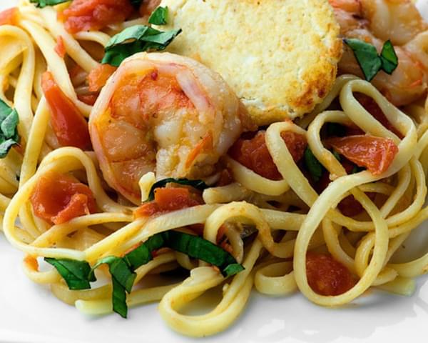 Shrimp, Tomato and Basil Linguine with Goat Cheese Rounds