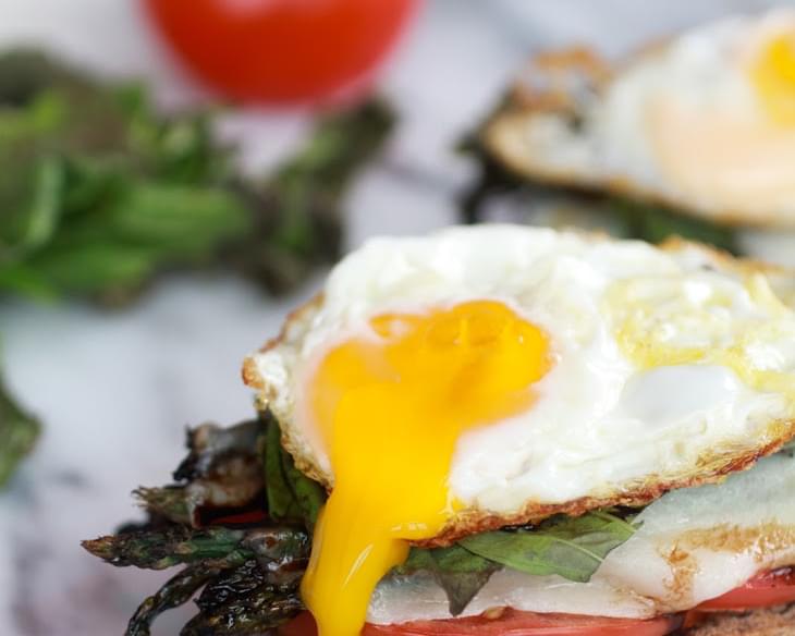 Roasted Asparagus Caprese Melts with Balsamic Reduction and Fried Egg