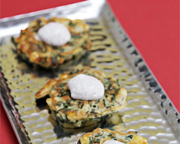 Collard Greens and Sweet Corn Buttermilk Cakes with Sumac-Sour Cream