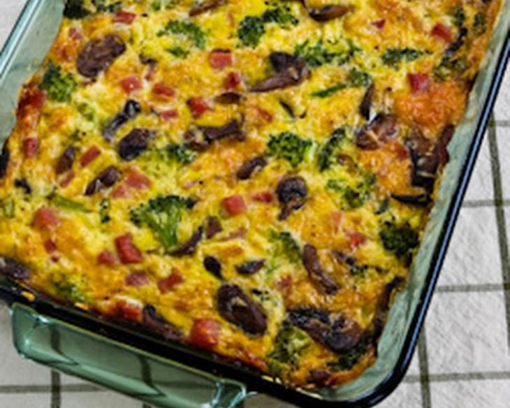 Broccoli, Mushrooms, Ham, and Cheddar Baked with Eggs
