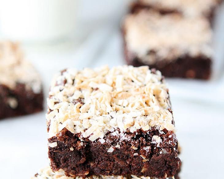 Rich, fudgy brownies made with coconut oil and topped with shredded coconut! One of my favorite brownie recipes!