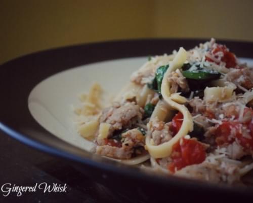 Pasta with Sausage, Tomatoes and Arugula