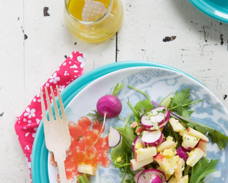 Radish salad with apple, avocado, egg and shaved Manchego