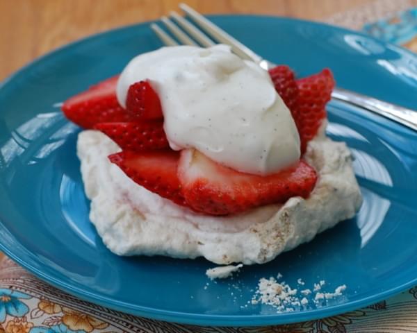 Strawberry Pecan Pavlova with Yogurt Whipped Cream