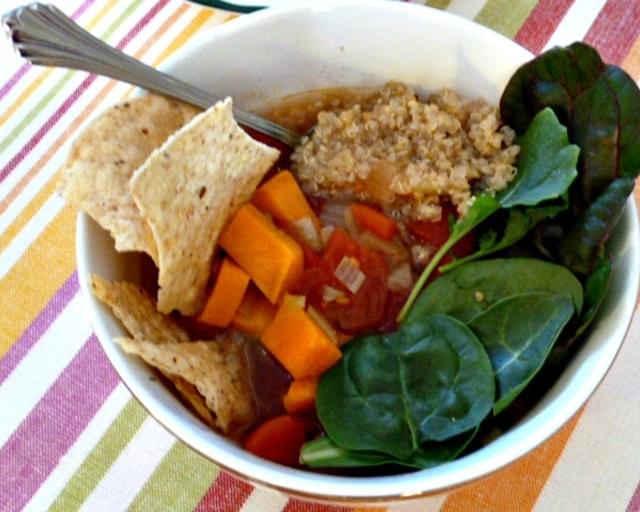 Quinoa Soup with Sweet Potatoes, Tomatoes, and Power Greens
