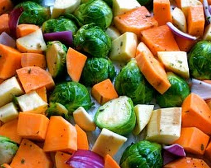 Roasted Sweet Potatoes, Yams, and Brussels Sprouts with Fresh Rosemary