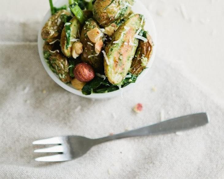 Roasted Fingerling Potatoes with Pea Shoots, Pesto and Hazelnuts