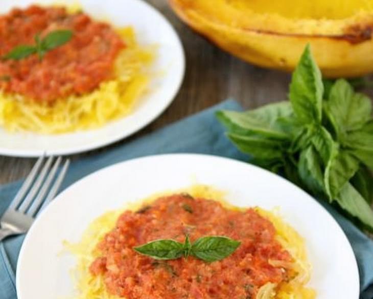 Baked Spaghetti Squash with Creamy Roasted Red Pepper Sauce