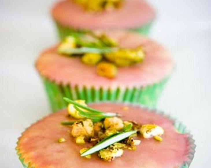Pistachio Cake Cupcakes with Rosemary and a Cherry Glaze