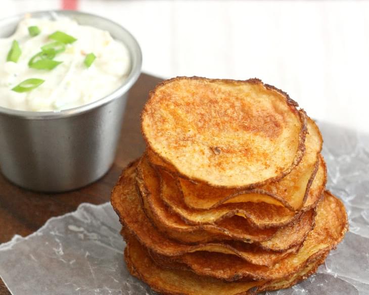 Homemade Baked Smoked Paprika Potato Chips with Triple Onion Dip