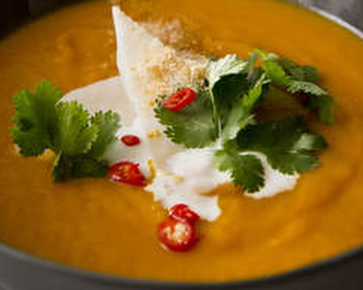 Roast pumpkin soup with Thai flavours and young coconut