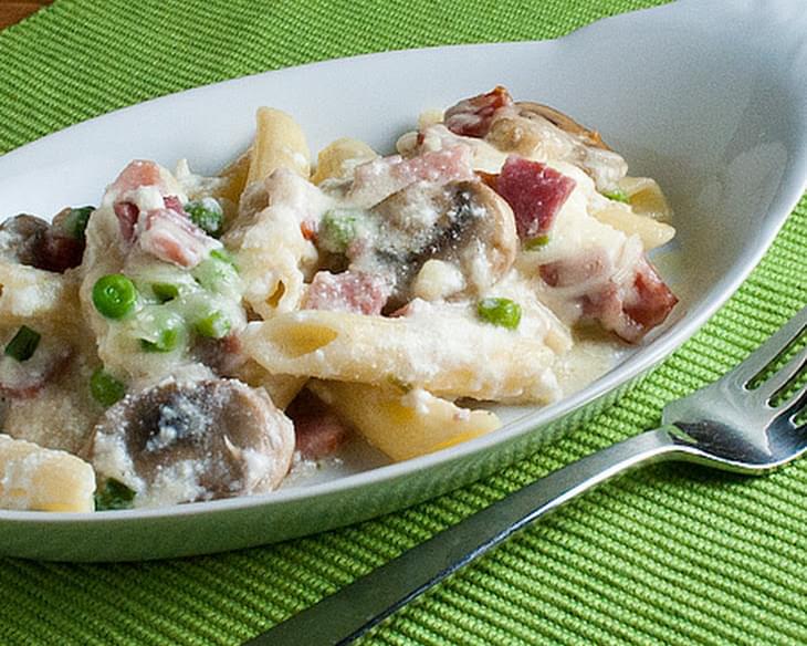 Layered Penne with Ham, Mushrooms, and Peas