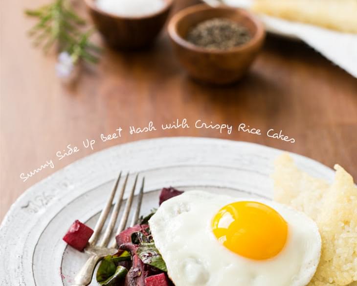 Sunny Side Up Beet Hash with Crispy Rice Cakes