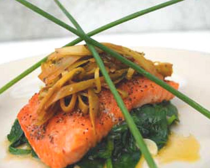 Gluten Free Salmon with Braised Leeks and Spinach