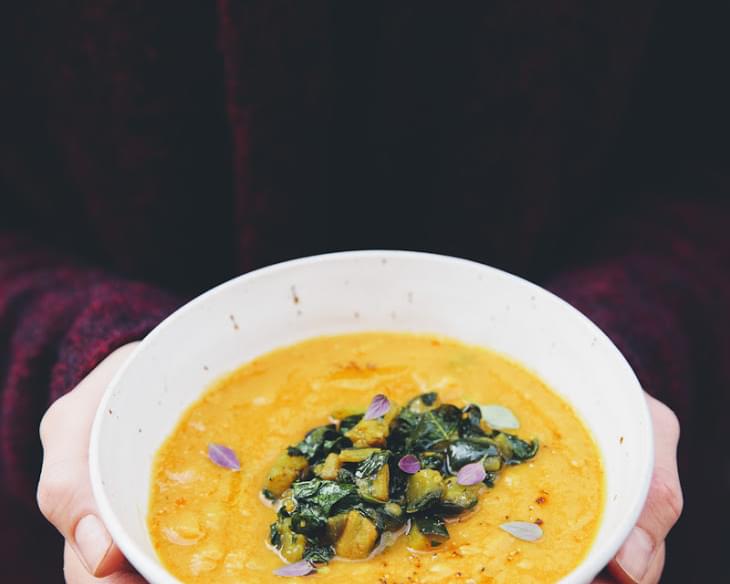 Sweet Potato & Red Lentil Soup with Aubergine & Kale Topping