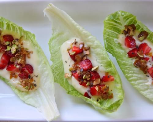 Lemon Pudding on Romaine Leaf Lettuce with Fresh Strawberries, Candied Pistachios and Cypress Black Sea Salt (naturally gluten free)