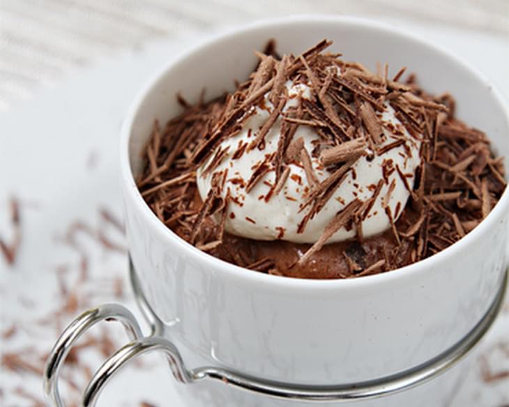 Chocolate-Cognac Mousse in Espresso Cups with Maple Chantilly and Bittersweet Chocolate Shavings