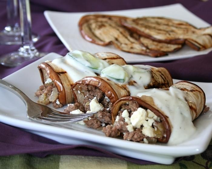 Grilled Eggplant Lamb Rolls with Tzatziki