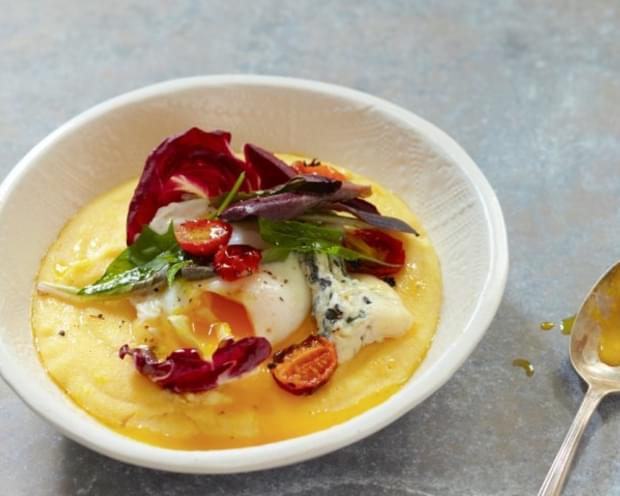 Polenta With Winter Salad, Poached Egg And Blue Cheese