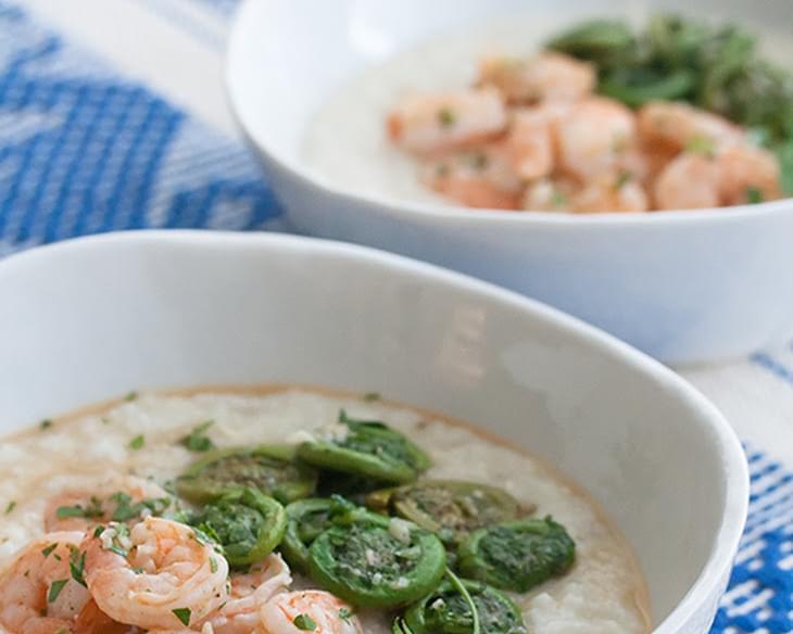 Lemon-Garlic Shrimp and Grits with Fiddleheads