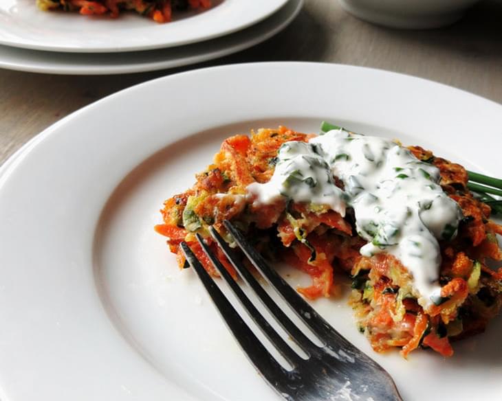 Zucchini and Carrot Cakes with Chive and Basil Sour Cream (Gluten Free)