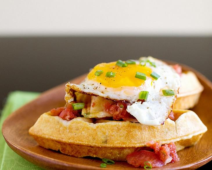 Cornmeal Chive Waffles with Salsa and Eggs