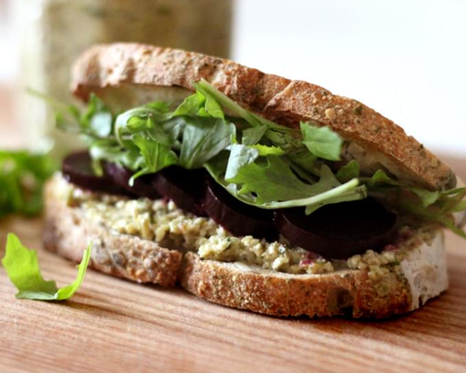 Roasted Beet and Arugula Sandwich with Green Olive Tarragon Tapenade