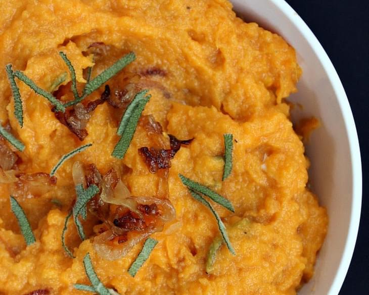 Mashed Sweet Potatoes with Caramelized Onions, Brie and Sage