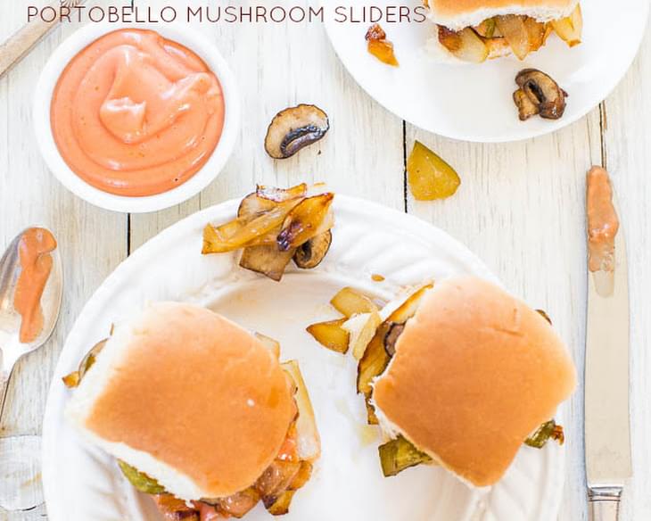 Caramelized Onion and Portobello Mushroom Sliders with Fry Sauce